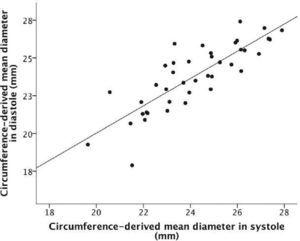 Correlation between systolic and diastolic dimensions of the mean diameter derived from the circumference of the aortic valve annulus.