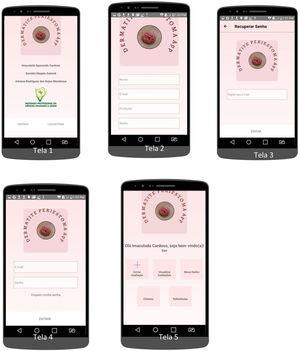 User or patient registration screens and “Dermatite Periestoma App” home screen.