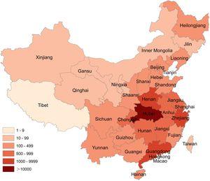 The distribution in place of confirmed cases of COVID-19 in 34 provinces/cities in China on February 10, 2020.