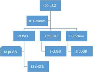 Flowgram of patients converted to gastric bypass due to sleeve failure. cLGB: conversion to laparoscopic gastric bypass; rGERD: refractory gastroesophageal reflux disease; LSG: laparoscopic sleeve gastrectomy; pLGB: primary laparoscopic bypass surgery; rHGB: robotic-assisted hybrid gastric bypass; WLF: weight loss failure.