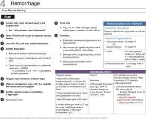 Checklist for hemorrhage management. DDW, dextrose in distilled water; FiO2, inspired oxygen fraction; VF, ventricular fibrillation; IV, intravenous; VT, ventricular tachycardia. Source: Translated and updated with authorization from “OR Crisis Checklists” availale at: www.projectcheck.org/crisis.