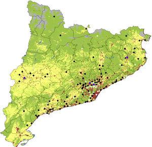 Catalonia land use map denoting location and number of KD cases. Colors for diamonds are as follows: white: more than 50 cases; blue: 11–25 cases; light green: 2–10 cases and black: 1 case. For land use, green denotes forests, clearings and humid vegetation, gray denotes sand, snow and poor soils, yellow indicates crops and in red, urban and industrial centers (base data for land use obtained from the Generalitat de Catalunya. Department of Environment and Housing).