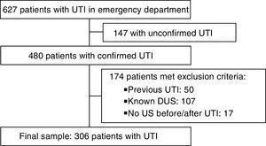 Flow chart of the study. DUS, disease of the urinary system; US, ultrasound; UTI, urinary tract infection.