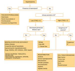 Algorithm for detection and aetiological diagnosis of hyperkalaemia. ACE, angiotensin-converting enzyme; ARB, angiotensin II receptor blocker; NSAID, non-steroid anti-inflammatory drug; TTKG, transtubular potassium gradient.