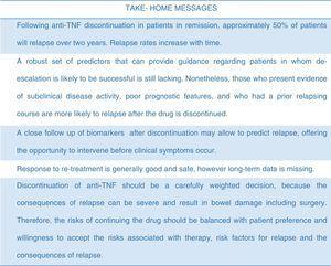 Take-home messages on anti-TNF withdrawal in IBD.