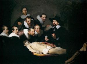 The Anatomy Lesson of Dr. Nicolaes Tulp oil painting completed by Rembrandt in 1632 (Mauritshuis Museum, The Hague, The Netherlands).