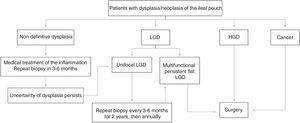 Management of dysplasia/neoplasia of the ileal pouch. HGD: high grade dysplasia; LGD: low grade dysplasia.