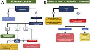 Flow charts of procedures followed in cases of planned surgery (A) and emergency surgery (B), respectively.