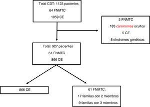 Criterios de inclusión y exclusión de la cohorte. CDT: carcinoma diferenciado de tiroides; CE: carcinoma de tiroides esporádico; FNMTC: familial non-medulary thyroid carcinoma, carcinoma familiar de tiroides no medular.