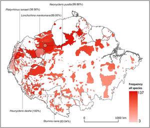 Distribution of Amazonian Indigenous Territories (ITs) classified according to the total number of species occurring within their boundaries. Shadowed areas in red correspond to officially recognized ITs. Distribution ranges of some bat species with >25% of overlap with ITs have been added to illustrate some of our results.