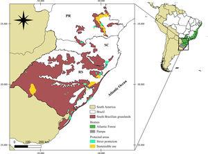 Map of the South Brazilian grasslands and their protected areas. Protected area data obtained from CNUC (2019). Map adapted from (Overbeck et al., 2007, 2015a).