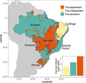 Brazilian vegetation types (based on IBGE, 2004b) classified as fire-dependent, fire-sensitive and fire-independent, following Hardesty et al. (2005). Open vegetation types (grasslands, open savannas) are classified as fire-dependent; forests (rainforests, seasonal forests, woodland savanna) are classified as fire-sensitive, and xerophytic vegetation is classified as fire-independent. The inlay graphs indicate density of fire foci in 2020 for each fire sensitivity class (calculated using QGis 3.12.3 software, geographic coordinates of fire foci occurrences in 2020 retrieved from INPE).
