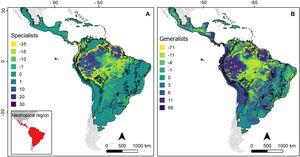 Projected change in richness of (A) environment-specialist and (B) environment-generalist bat species under the business-as-usual scenario of climate and land use changes (B.A.U). Dispersal is assumed to be limited so that bat species have the ability to disperse only across analog environment.