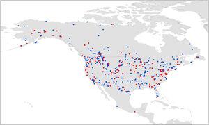 Locations of cause-specific mortality studies of adult (blue circles) and juvenile (red circles) North American mammals used in analysis.