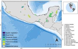 Location of the studied biosphere reserves in Mexico. Colors show the dominating vegetation type in each reserve. All the Mexican territory below the Tropic of Cancer not included in any protected area was considered in our study as unprotected zones.