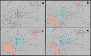 Method used to estimate temporal changes in reef area for the Abrolhos Bank. (a) Reefs represented in the historical nautical chart; (b) Grids (220 m²) created from the polygons limiting historical reef areas; (c) Modern reef layer of the Millennium Coral Reef Mapping Project (superimposed colors); and (d) Grids (220 m²) created from the polygons of the modern layer of the Millennium Coral Reef Mapping Project. Viçosa reefs (orange), Coroa Vermelha reefs (light blue) and Sebastião Gomes reefs (pink).