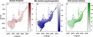 Predictor variables given in 0.0186 degree of spatial resolution: human footprint (A); minimum monthly evapotranspiration (mm/month) (B); and amphibian richness (species count per pixel) (C).