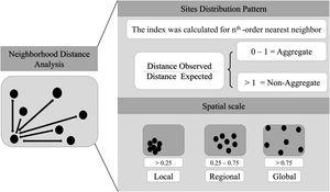 Neighborhood Distance Analysis. The index was calculated for nth-order nearest neighbor in different scales and cell-size resolutions and spatial scale with aggregate points.
