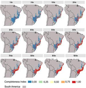 Completeness index for all tested resolutions. The well-sampled sites are in red (=1), the sites that need further study is the gradient from green to orange (=0.25, 0.50 and 0.75 respectively). Sites that are in blue (=0) are sites that have had no sampling or very few samplings.
