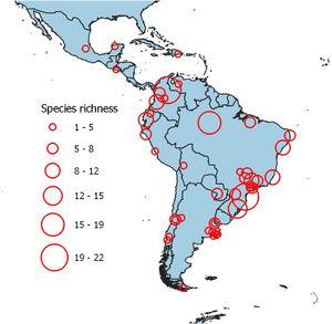 Location of studies in the Neotropical region. Circle size is proportional to the species richness recorded in each study.