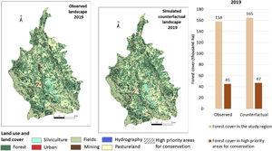 Land use and land cover in the observed and the counterfactual landscapes and forest cover in the study region and in high priority areas for conservation.