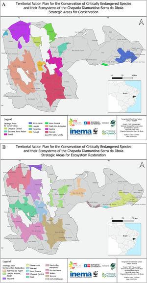 Strategic Areas for Conservation (SASC, 11 in total) (A) and Strategic Areas for Ecosystem Restoration (SAER, 12 in total) (B), including municipality divisions in the Territorial Action Plan for the Conservation of Critically Endangered Species and their Ecosystems of the Chapada Diamantina-Serra da Jiboia – PAT-CDSJ.
