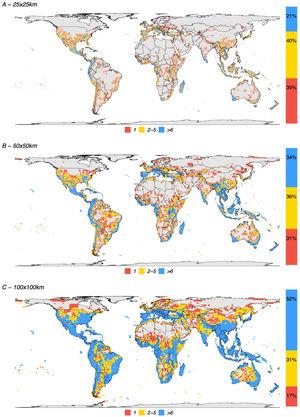 Spatial distribution of all KBA-triggering cells for all species used in this study. (A) 25 × 25 km grid resolution, (B) 50 × 50 km grid resolution and (C) 100 × 100 km grid resolution. Fifty-five countries, including Italy, Greece, Malaysia, Haiti, Gabon, Madagascar and New Zealand, have at least 90% of their territory as potential KBAs even at the highest resolution (i.e., the smallest grid sizes of c. 25 × 25 km).