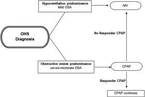 Initial PAP treatment election in OHS. CPAP should be the initial modality treatment if the main cause of diurnal hypoventilation is the predominance of obstructive events (severe–moderate OSA) and if in subsequent evaluations at 1–3 months the patient responds with adequate oxygenation (PaO2) and ventilation (PaCO2) the CPAP should be continued; if the patient does not responds or if the OHS patient has hypoventilation predominance (mild OSA), NIV should be the initial modality treatment preferred. Abbreviations: CPAP: continuous positive airway pressure; NIV: noninvasive ventilation; OHS: obesity hypoventilation syndrome; OSA: obstructive sleep apnea; PaO2: partial pressure of oxygen; PaCO2: partial pressure of carbon dioxide; PAP: positive airway pressure. Authors: Victor R. Ramírez Molina; Juan F. Masa Jiménez.
