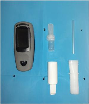 Smokerlyzer’s components: electronic device (a); original fitting (b); disposable mouthpieces (c); fitting specially created (d); disposable spirometry mouthpieces (e).