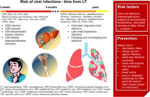 Viral infections in LT. In the first six months after LT, CMV infection and disease is the most frequent viral infection, followed by EBV disseminated primary infection and EBV-related lymphoproliferative disorders. Based on individual risk factors, viral hepatitis, HIV, West Nile virus, HTLV-/2, rabies virus, Zika virus, LCMV and HHV8 infections should be investigated. In the late post-LT period, community-acquired respiratory viruses represent the main risk. Risk factors and suggestions on how to prevent viral infections are shown in the red box. (Source: authors elaboration).