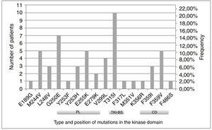 Frequency and location of identified mutations. PL: P-loop; TKI-BS: tyrosine kinase inhibitor binding site; CD: catalytic domain.