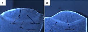 Macrostructure of P91 weldments (a) water cooled, (b) air cooled.