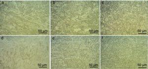 Optical micrograph of P91 weldments in water cooled (a) weld fusion zone, (b) CGHAZ, (c) FGHAZ; in air cooled condition (d) weld fusion zone, (e) CGHAZ, (f) FGHAZ.