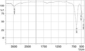 FTIR spectra of phase pure CaSnO3 prepared with S:P ratio of (1:1) at 1000 °C for 3 h.