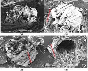 SEM micrographs of tensile fracture surface: (a) HVE-UT, (b) HVE-NaOH, (c) HVE-FR and (d) HVE-NaOH + FR.