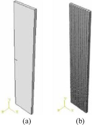 (a) Isotropic solid geometry of the fracture analysis. (b) Highly refined C3D8 element mesh in the fracture model.