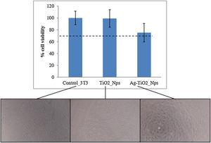 Viability of 3T3 fibroblast in contact with TiO2 and Ag–TiO2 nanoparticles. Microscopy images of fibroblasts 3T3 examined using an inverted microscope after contact with nanoparticles.