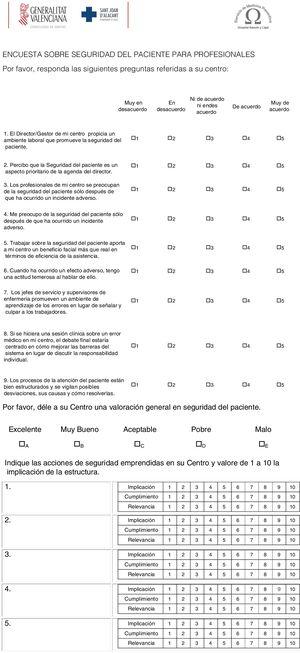 Cuestionario sobre Cultura de seguridad del paciente en el medio hispanohablante (versión 1.2).
